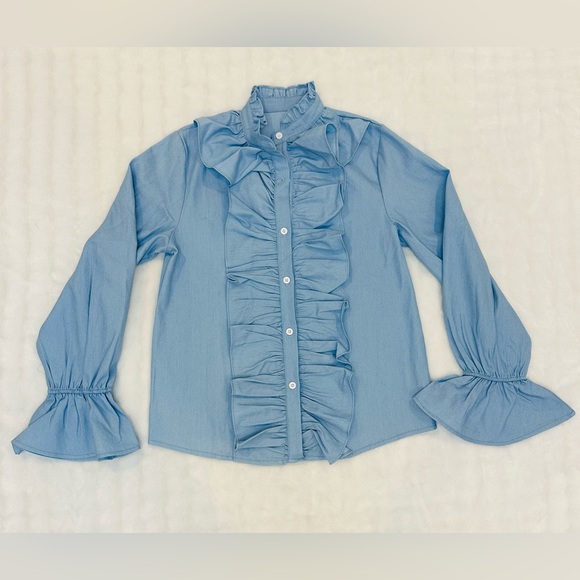 Blue Ruffled Button Up Blouse - Picture 2 of 5